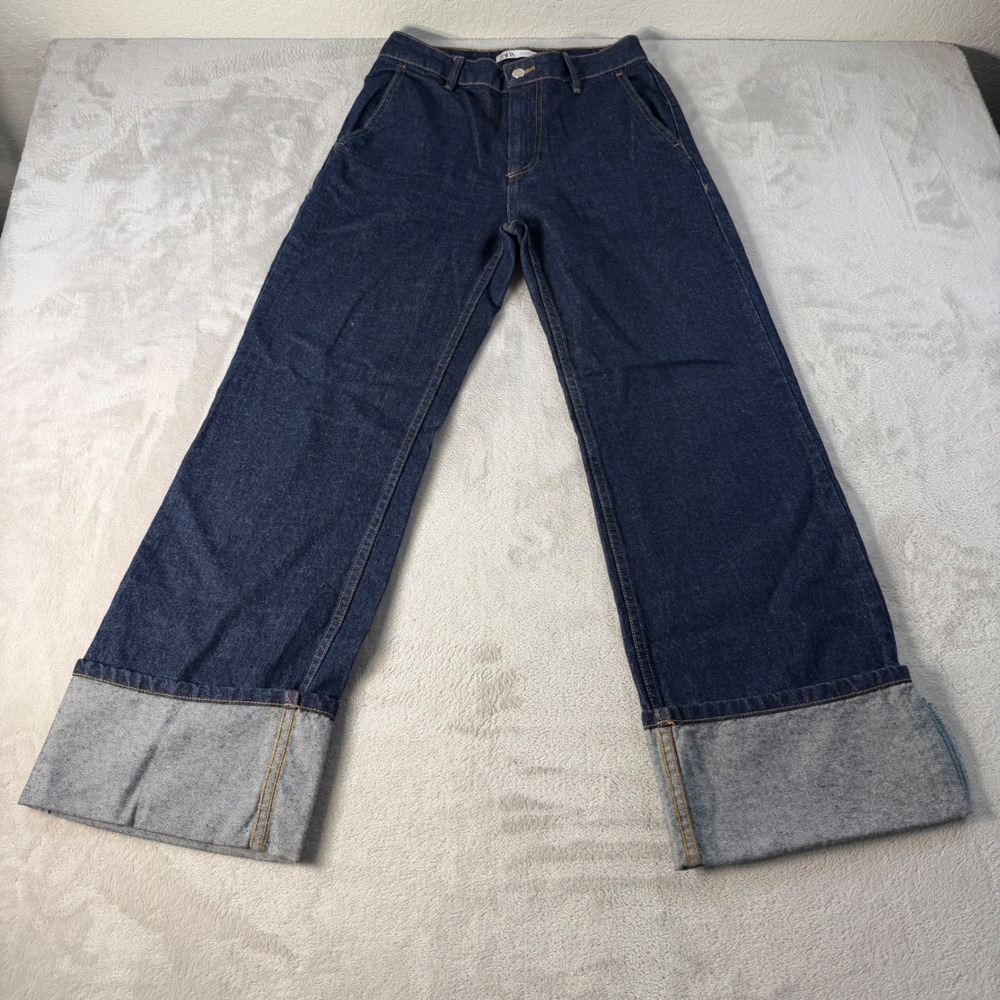 Zara Wide Leg Cuffed Jeans Women 4 Dark Wash Indigo Denim High Rise Straight